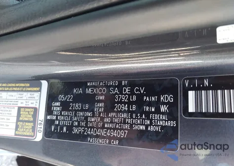 2022 Kia Forte Lxs from USA, damaged, VIN 3KPF24AD4NE494097